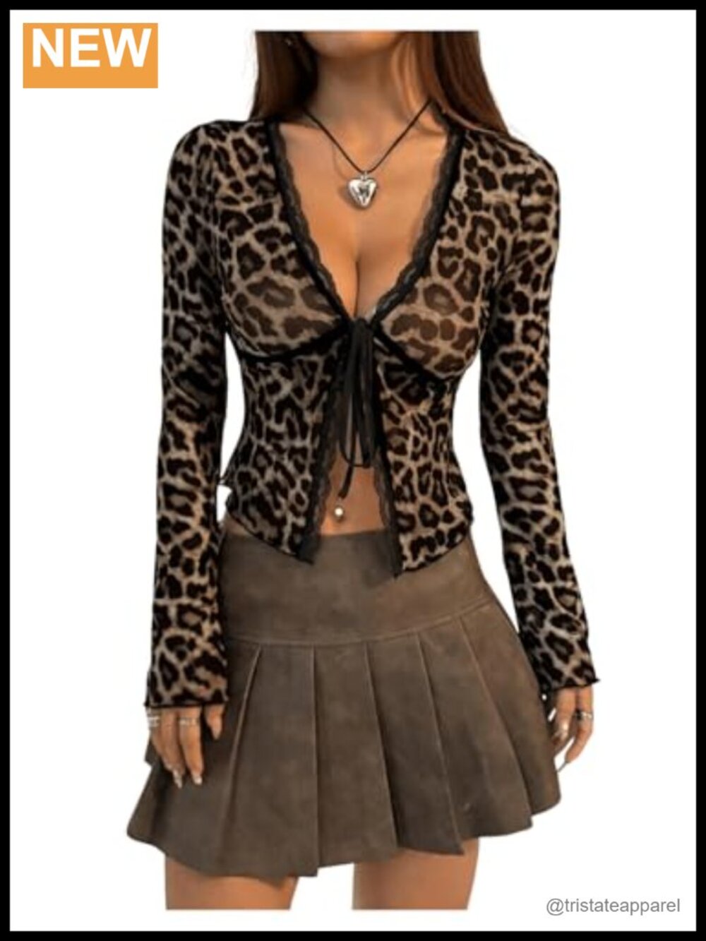 Leopard Print Bow Tie Mesh Crop Top Long Sleeve Going Out Blouse